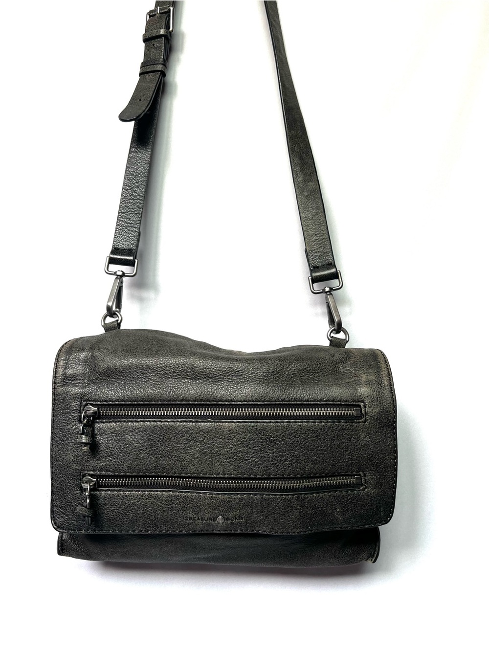 Treasure & Bond Dark Gunmetal Gray Soft Black Leather Foldover Crossbody Bag Zip